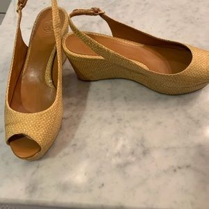 Tory Burch Woven Slingback Peep Toe Wedges